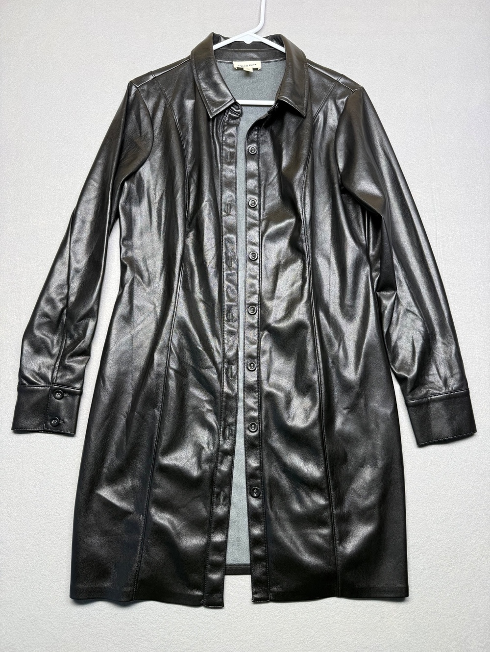 Open Edit Black Faux Leather Button-Down Coat Large